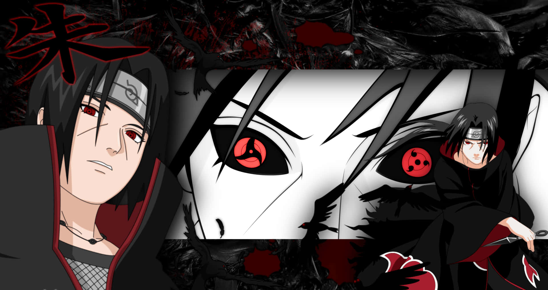 Close Up View Of Itachi Aesthetic Sharingan Eyes With Black Crows Wallpaper