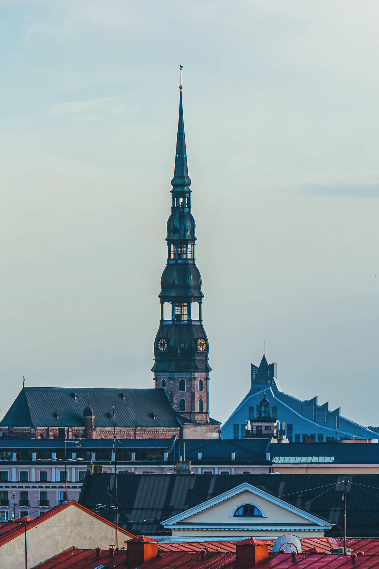 Close-up View Of Riga's St. Peter Church Tower Wallpaper