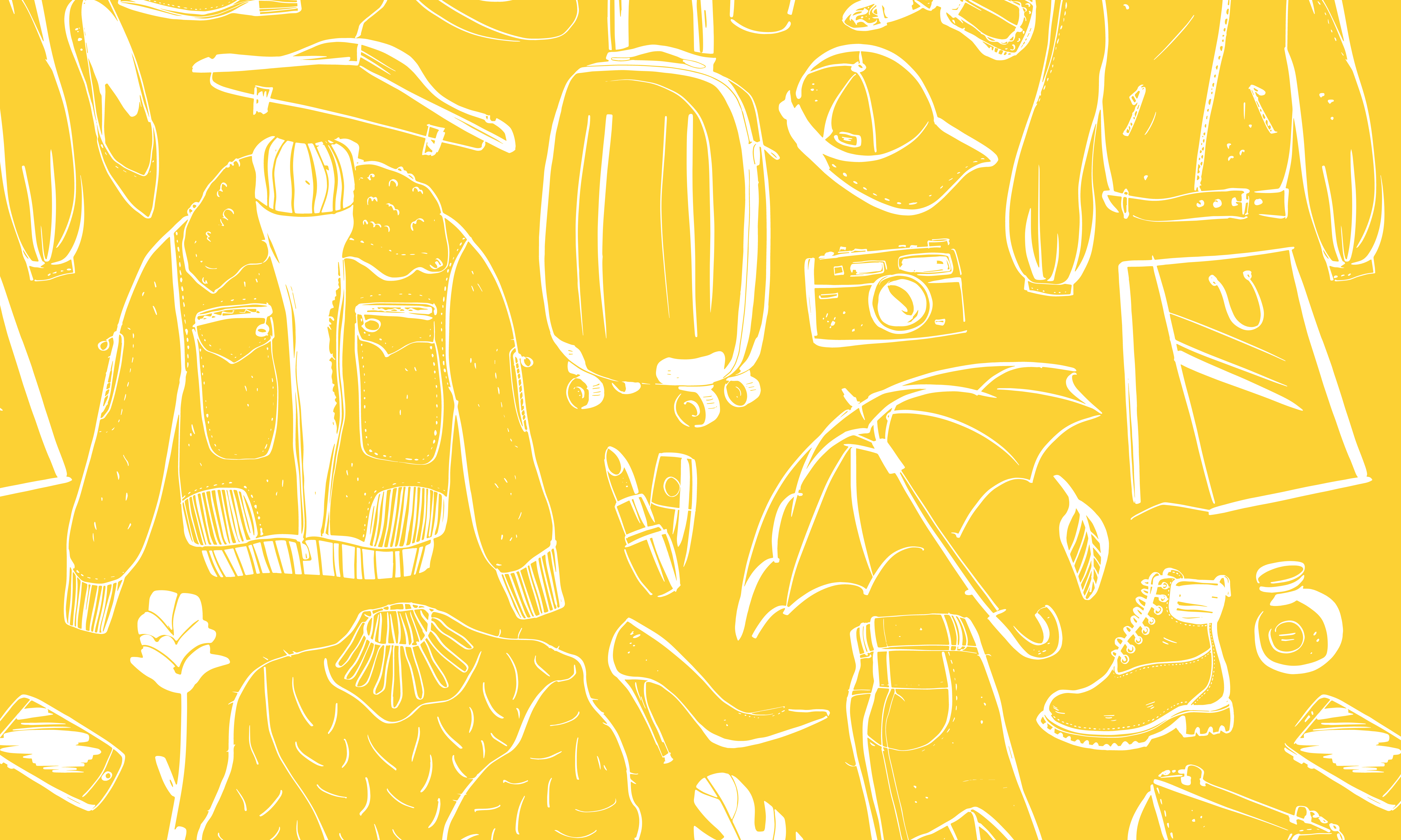 Look ultra stylish with the latest fashion trends Background — White line drawings of travel gear and fashion items float against a vibrant yellow background.