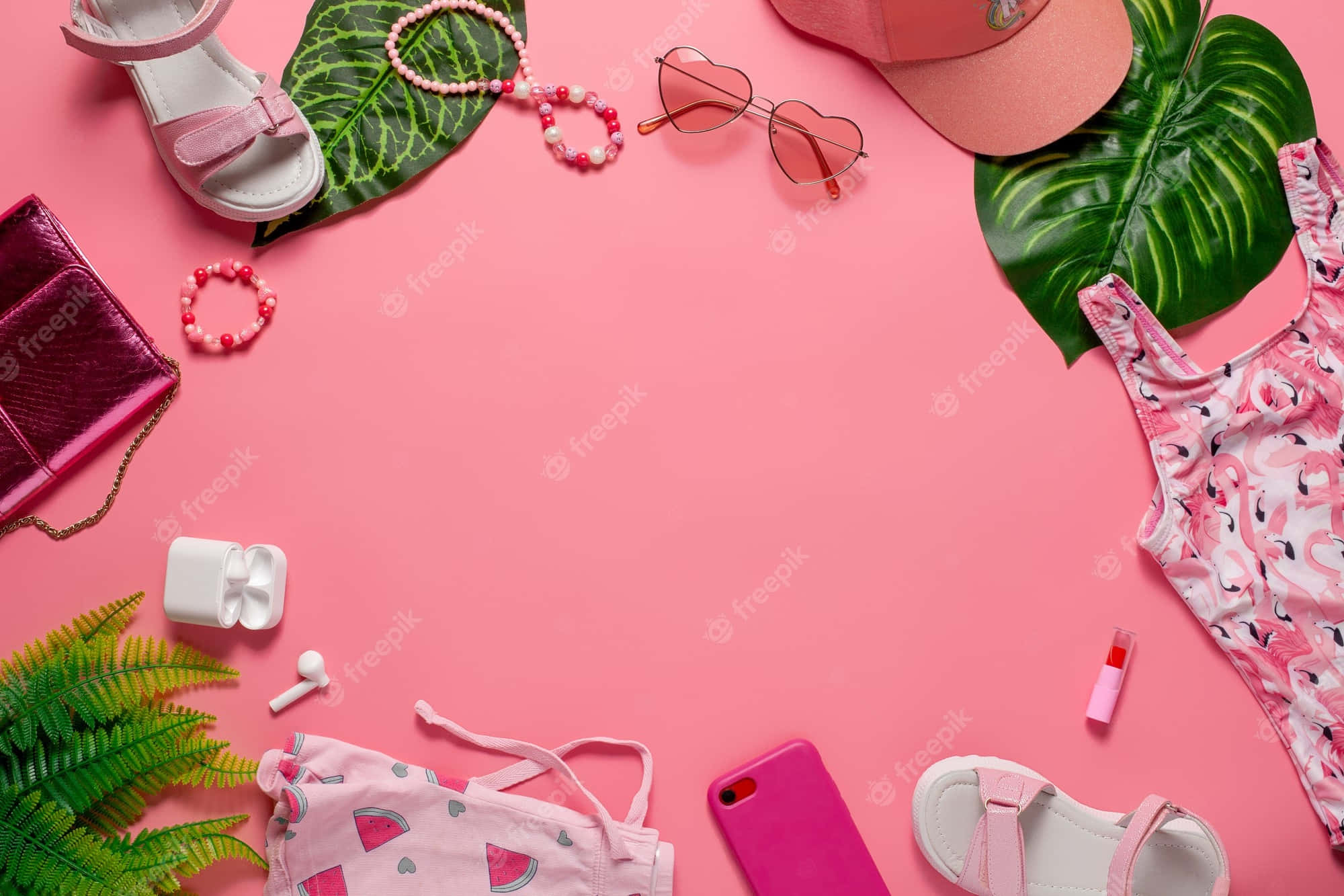 Rosasommerkleidung, Accessoires Und Pflanzen Auf Pinkem Hintergrund