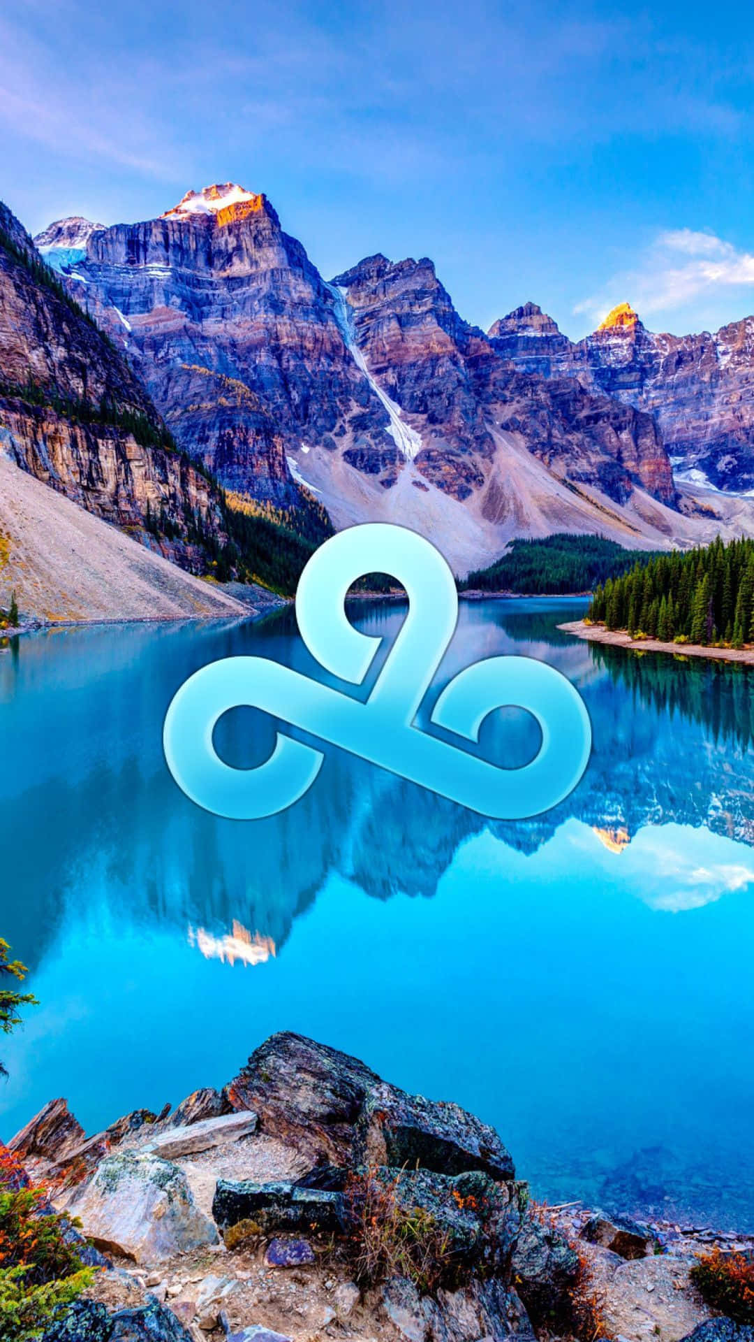 A Mountain Lake With The Cloud Logo In The Background Wallpaper