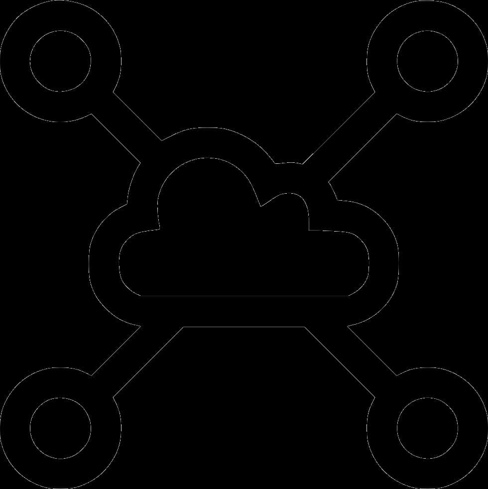 Wolkensymbol mit vier verbundenen kreisförmigen Knoten in weißer Linienkunst auf schwarzem Hintergrund