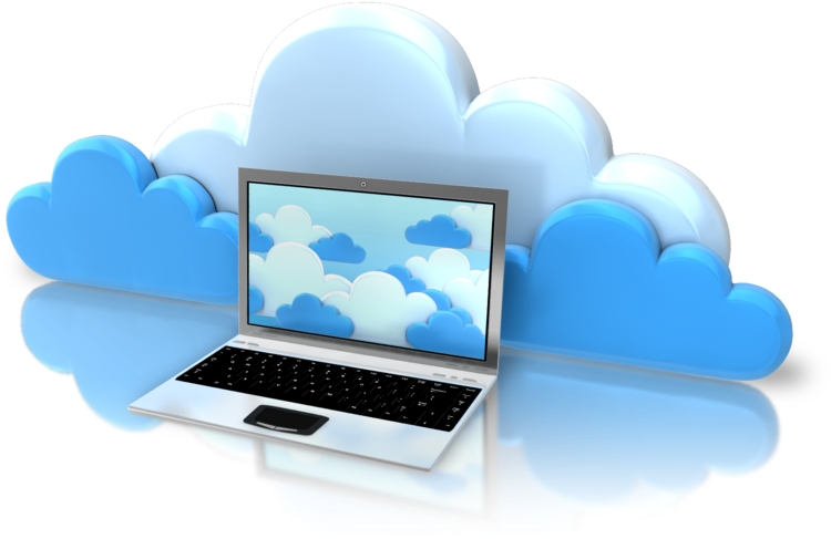 Cloud Computing Concept Illustration PNG — A silver laptop displays a sky with clouds while surrounded by stylized blue and white clouds on a reflective surface.
