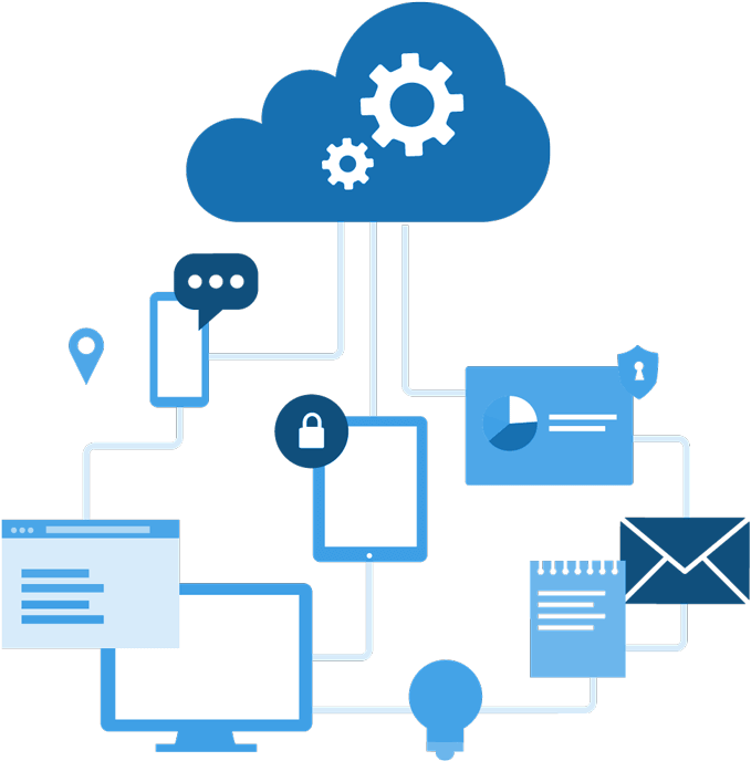 Cloud Computing Concept Illustration PNG — A blue cloud with gears connects to various digital devices and icons via white lines on a black background.