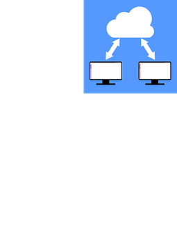 Cloud Computing Concept Illustration PNG — Two computer monitors below a cloud icon with arrows showing data syncing between devices.