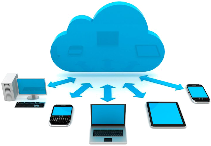 Cloud Computing Connectivity Concept PNG — A blue cloud icon with arrows connecting to various devices like laptops tablets and phones illustrating cloud computing.