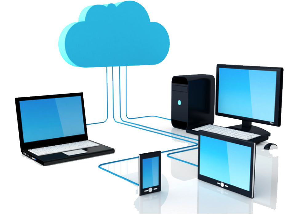 Cloud Computing Connectivity Illustration PNG — Digital devices connect to a blue cloud via glowing lines on a reflective white surface.