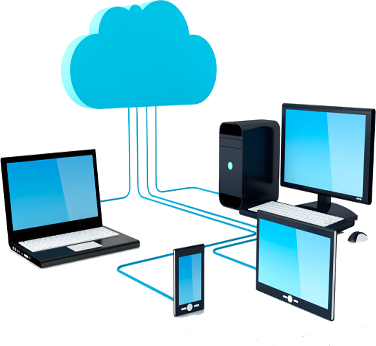 Cloud_ Computing_ Connectivity PNG — A blue cloud icon connects to multiple devices including laptop desktop phone and monitor via glowing lines.