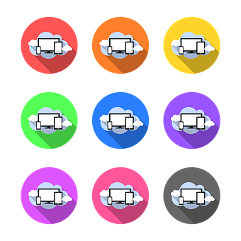 Cloud Computing Icons Set PNG — Nine circular icons each show a white cloud with a small box inside set against vibrant colored backgrounds.