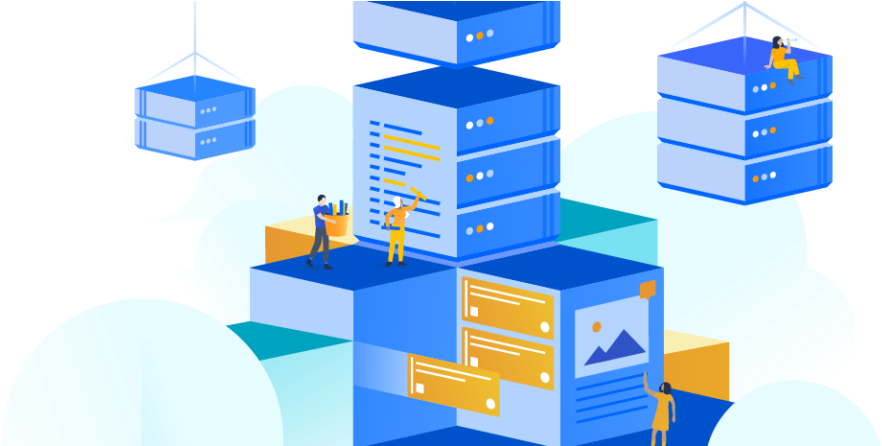 Cloud Computing Infrastructure Illustration PNG — Illustrated workers scale floating blue server stacks within stylized clouds representing cloud computing infrastructure.