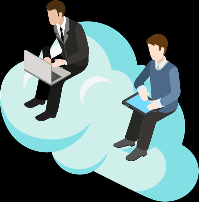 Cloud Computing Professionals PNG — Two men sit on a light blue cloud one uses a laptop the other a tablet both engaged in digital work.