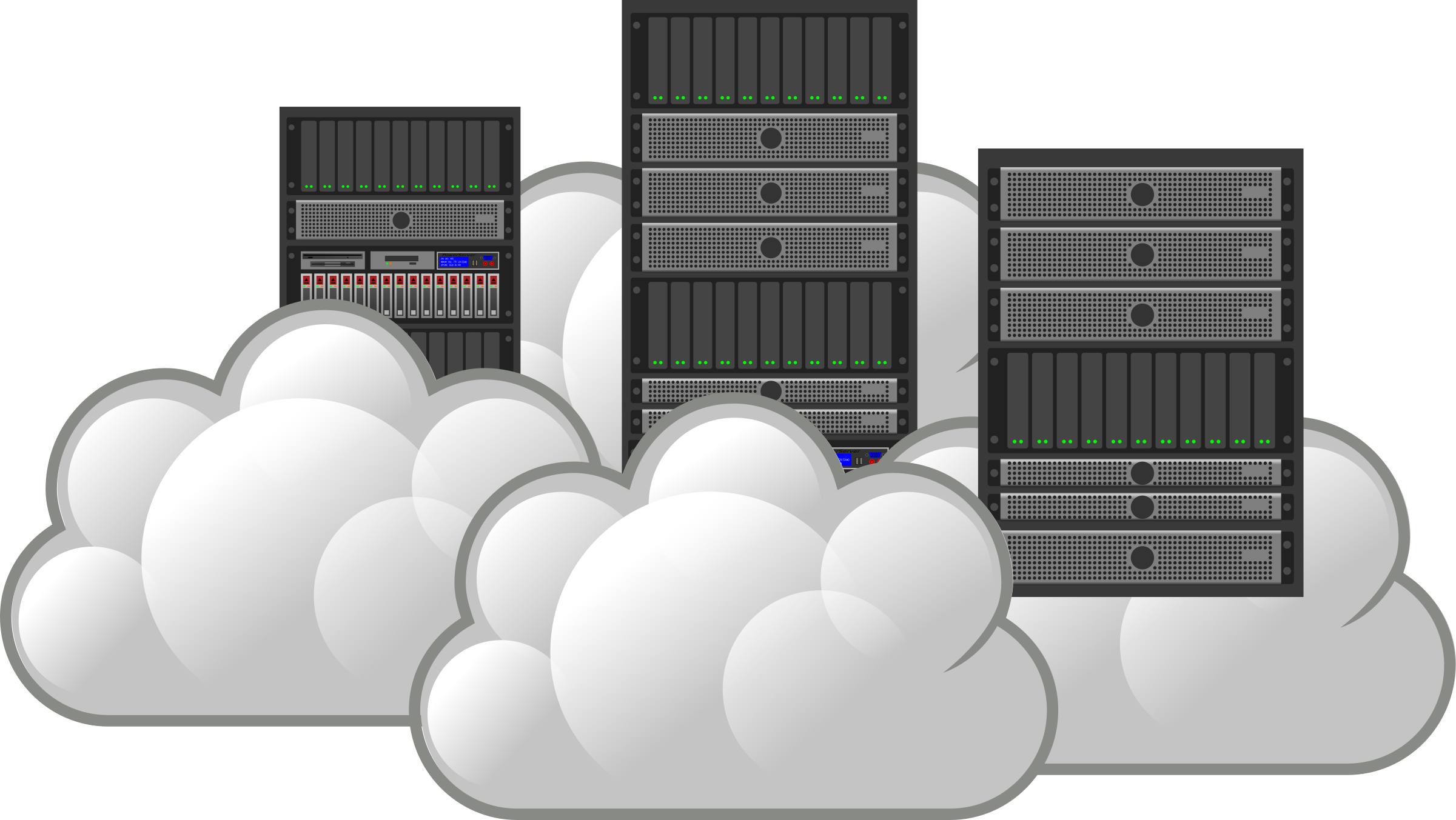 Cloud Computing Servers Concept PNG — Three black server racks emerge from fluffy white clouds against a dark background.