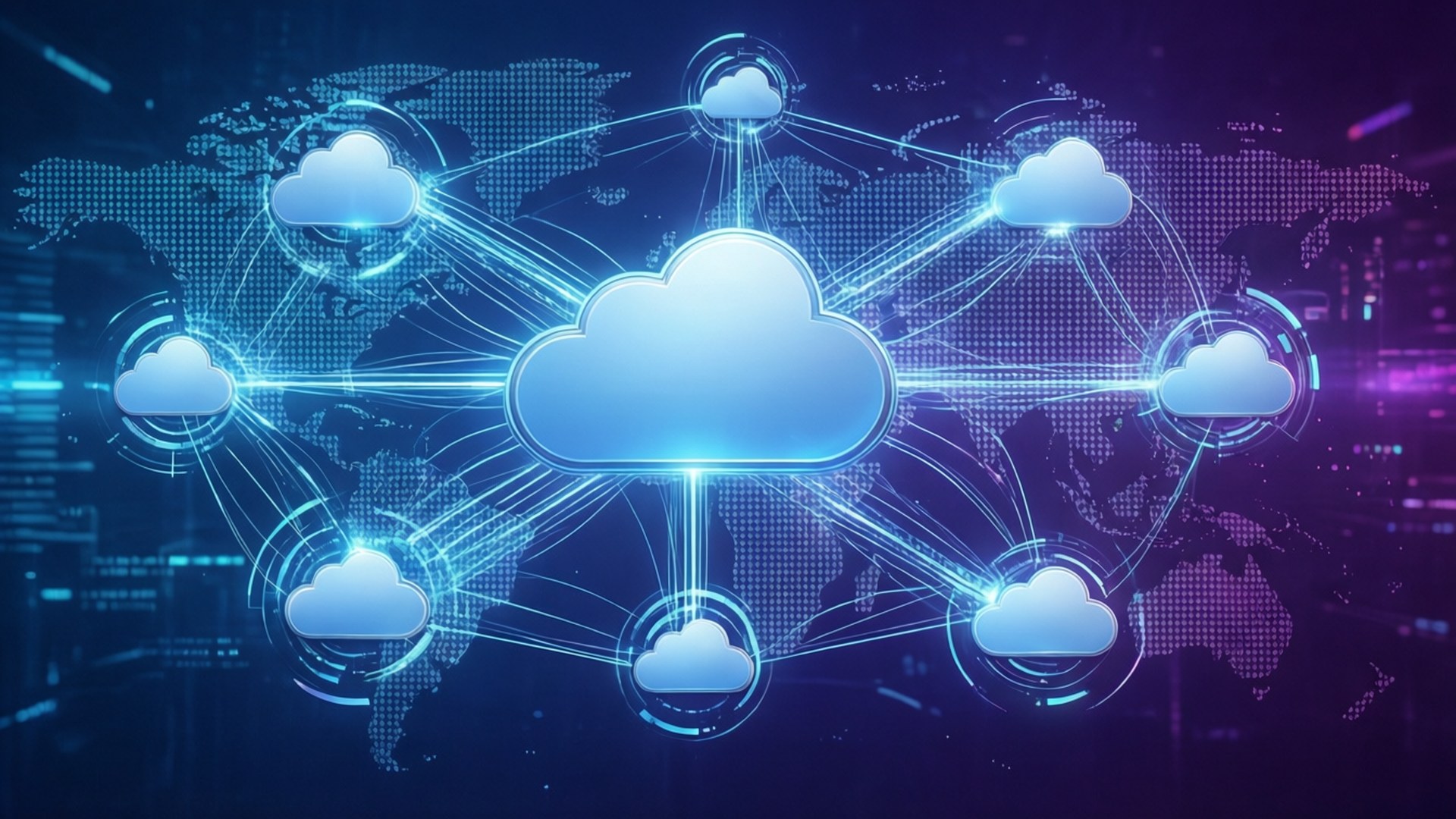 Digitalt skynetværk, der forbinder globale datacentre med glødende blå linjer.