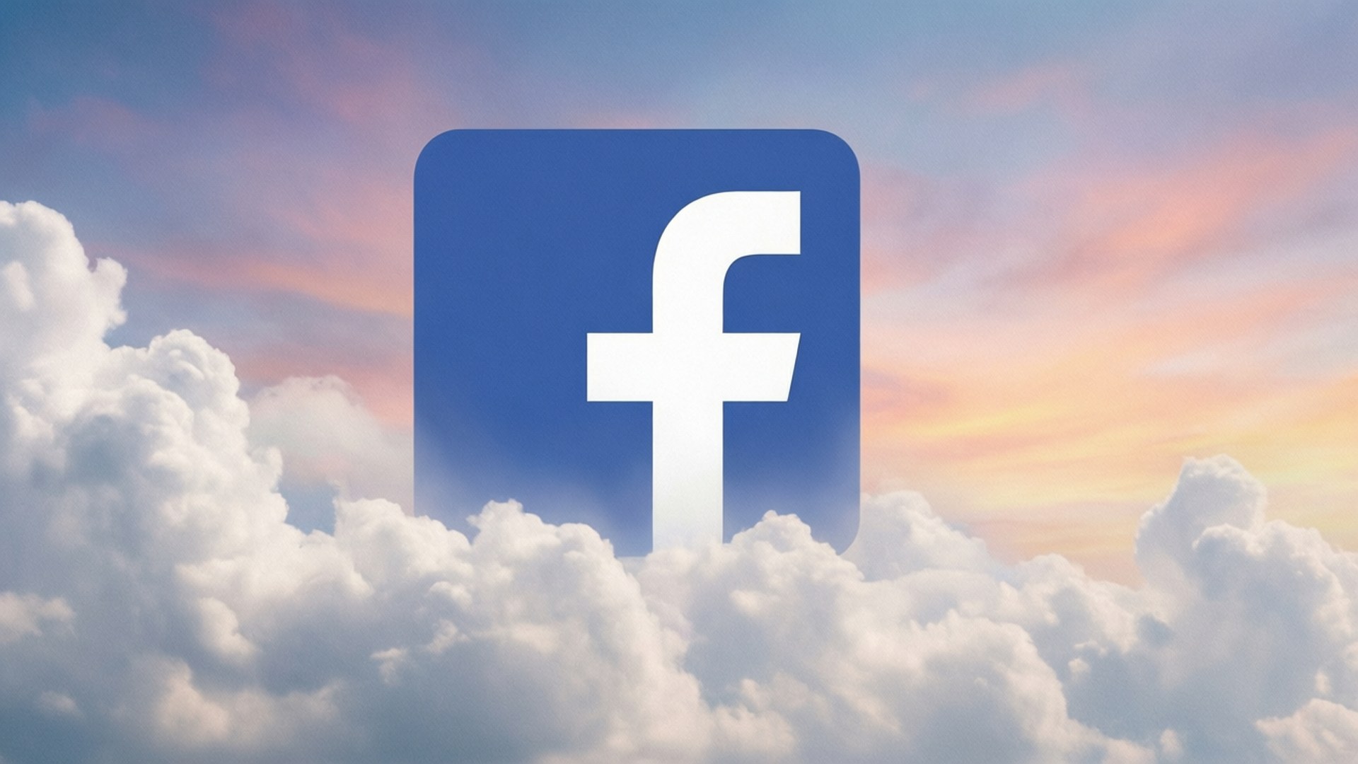Hvitt Facebook-logo som flyter i en drømmeaktig skyhimmel med solnedgang.