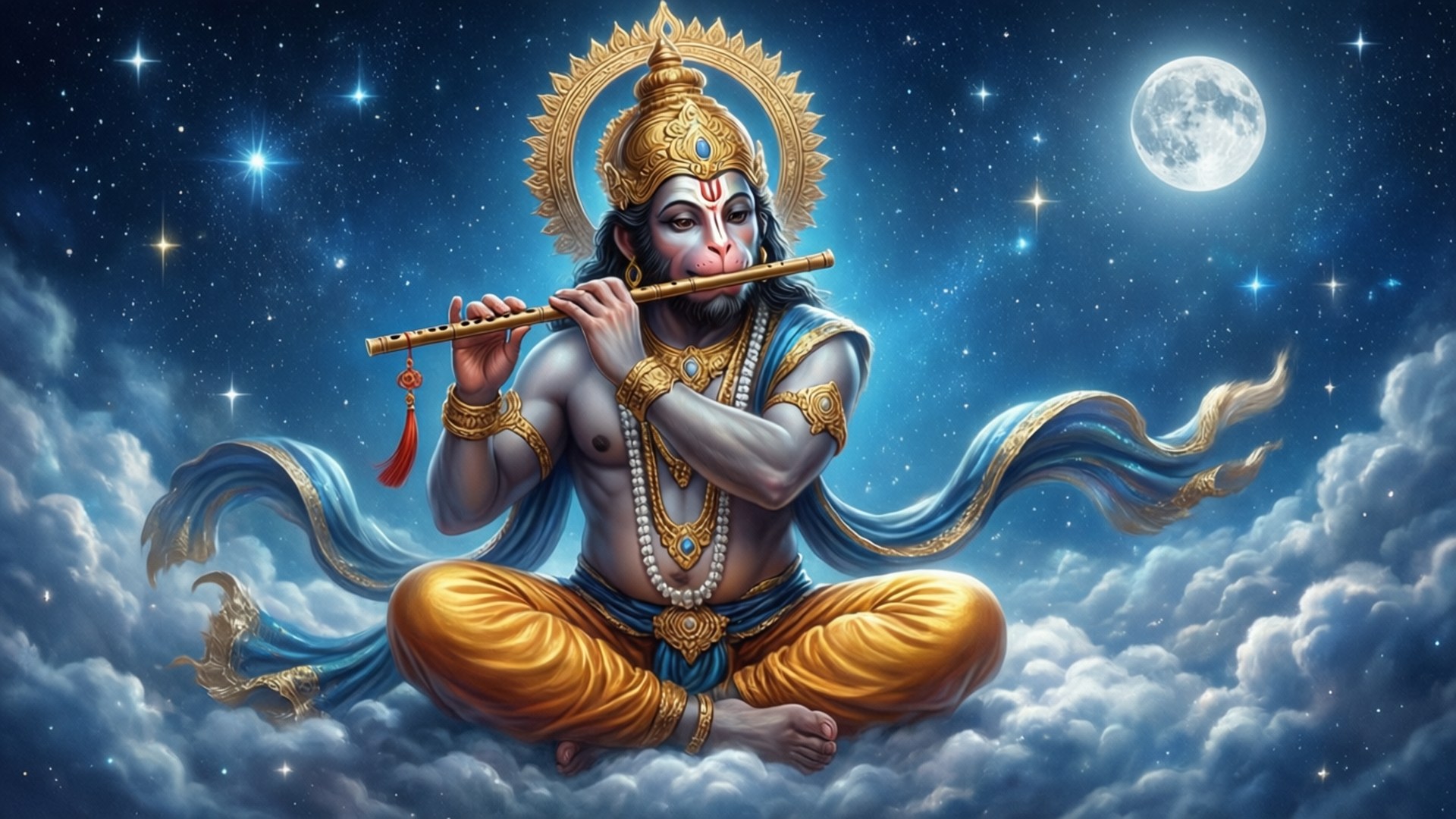 Divine Bal Hanuman playing flute on a starry cloud. — Bal Hanuman Picture
