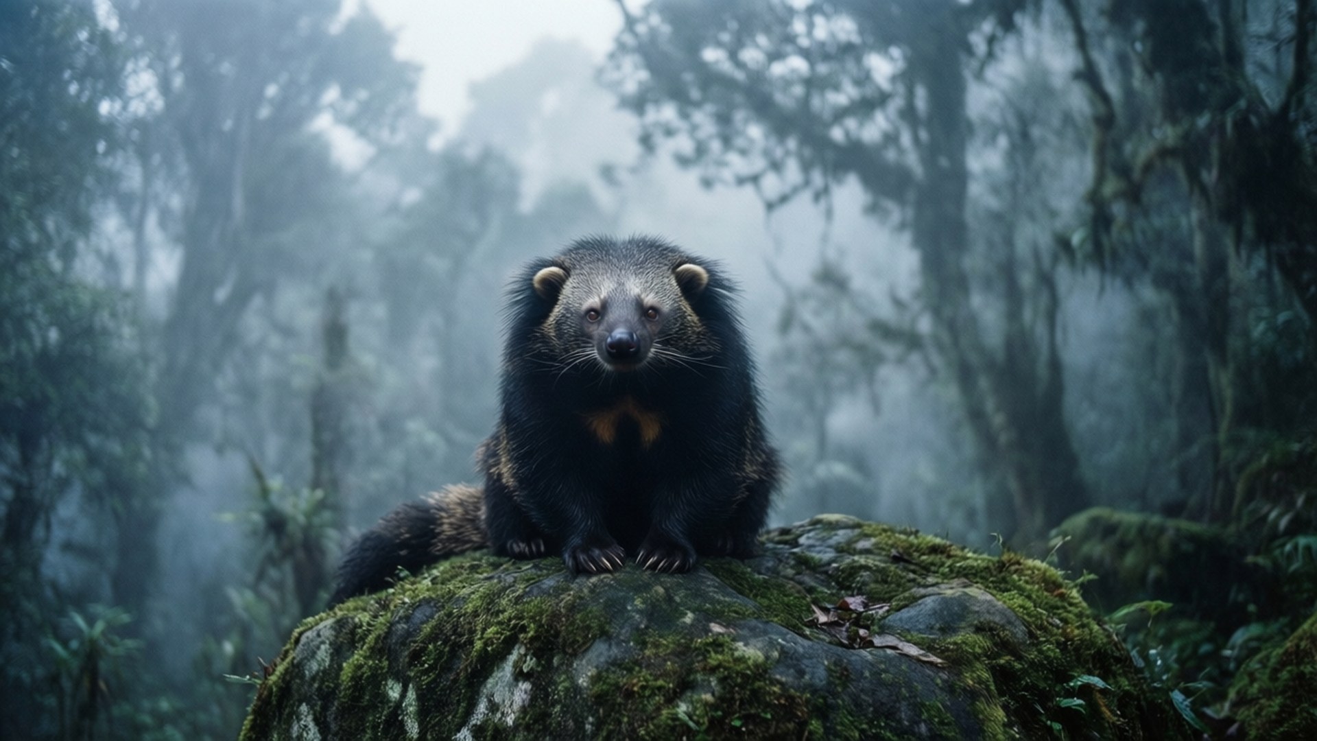 Binturong sidder på en sten i en tåget skyggefuld skov med surrealistisk atmosfære.