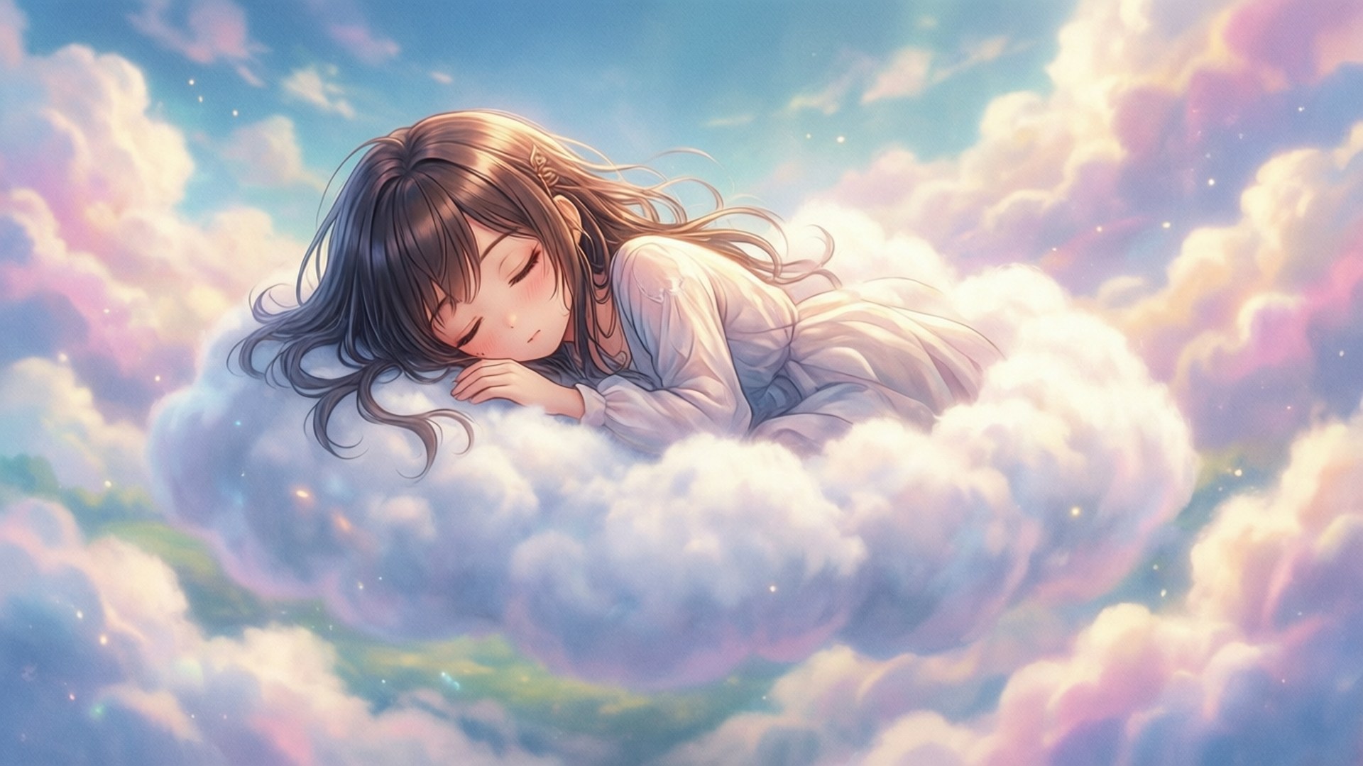 Komala sover på en sky i en drømmende pastelhimmel.