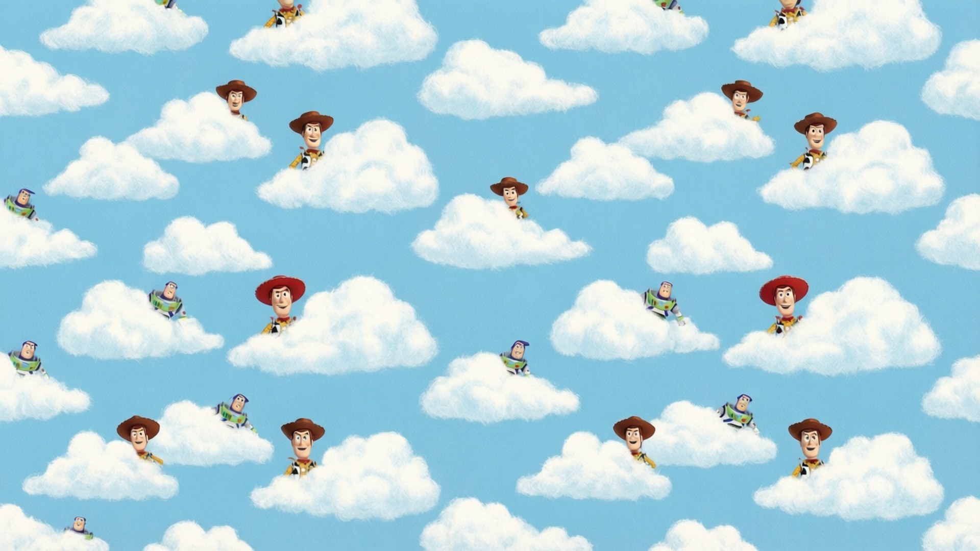 Personaggi di Toy Story che fanno capolino dalle nuvole in un motivo ripetuto.