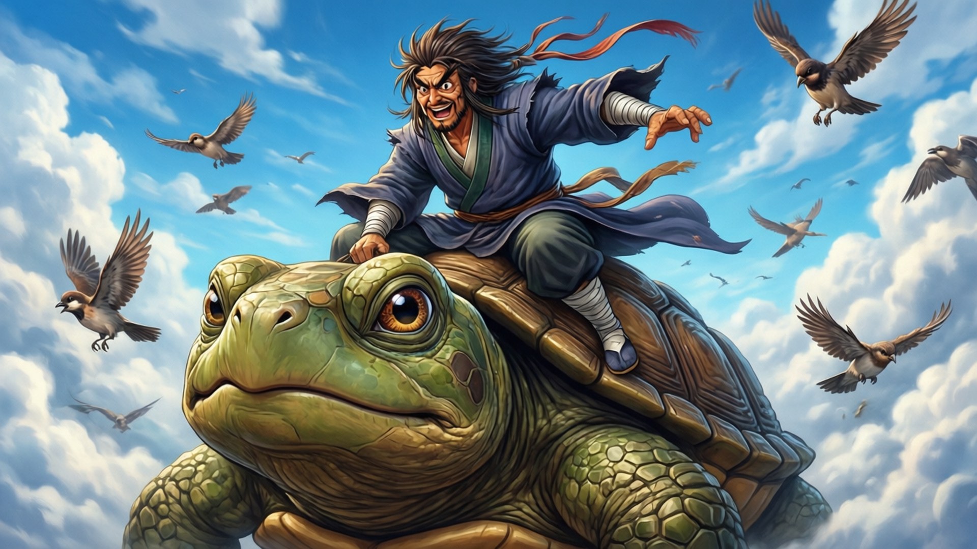 Jiraiya rides a giant toad among the clouds.
