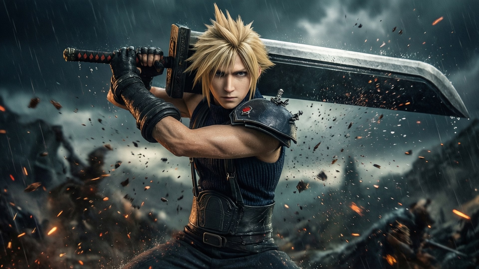 A dramatic cinematic wallpaper of Cloud Strife in battle, perfect for Final Fantasy fans.