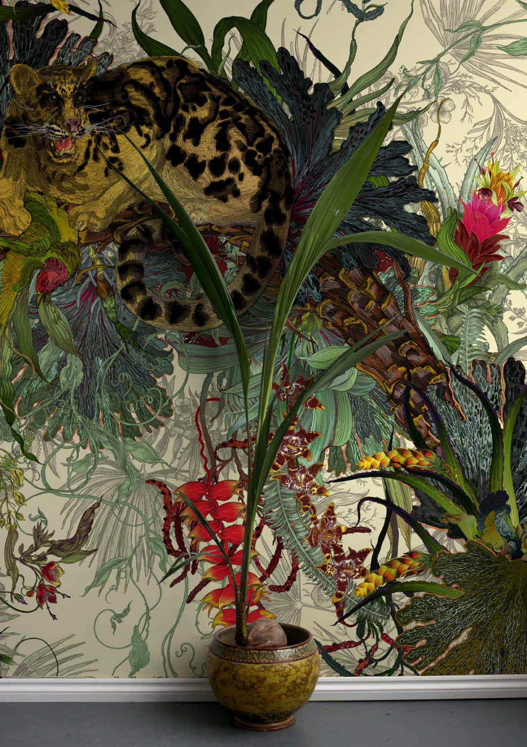 Clouded Leopardin Tropical Flora Wallpaper