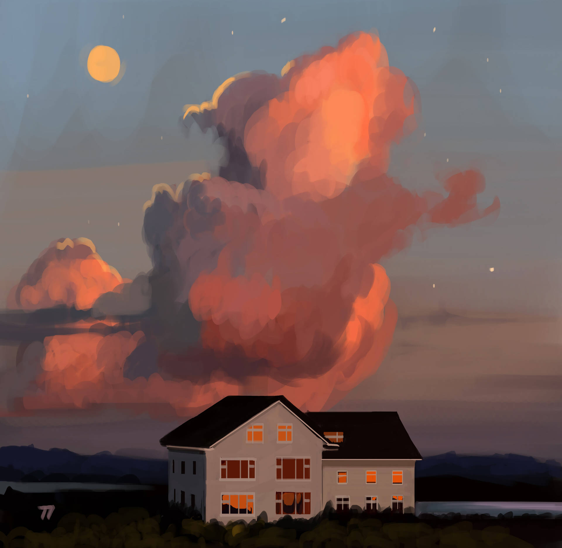 Clouds Above House Artwork Wallpaper