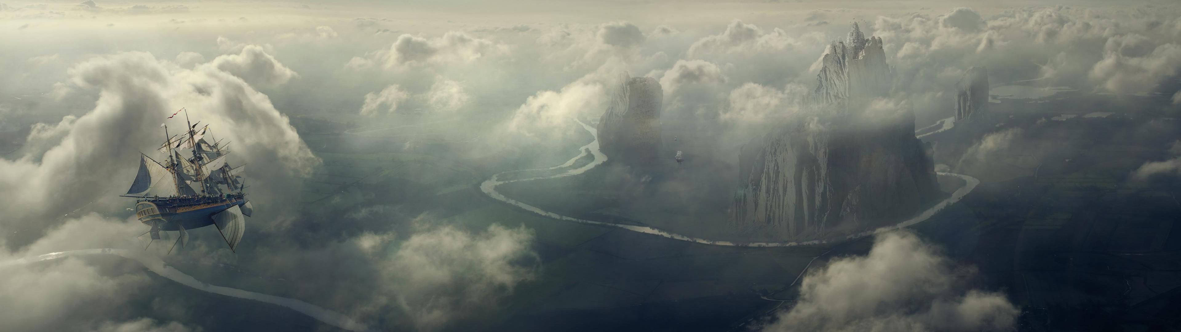 An epic view of a ship floating amidst clouds in the sky Wallpaper