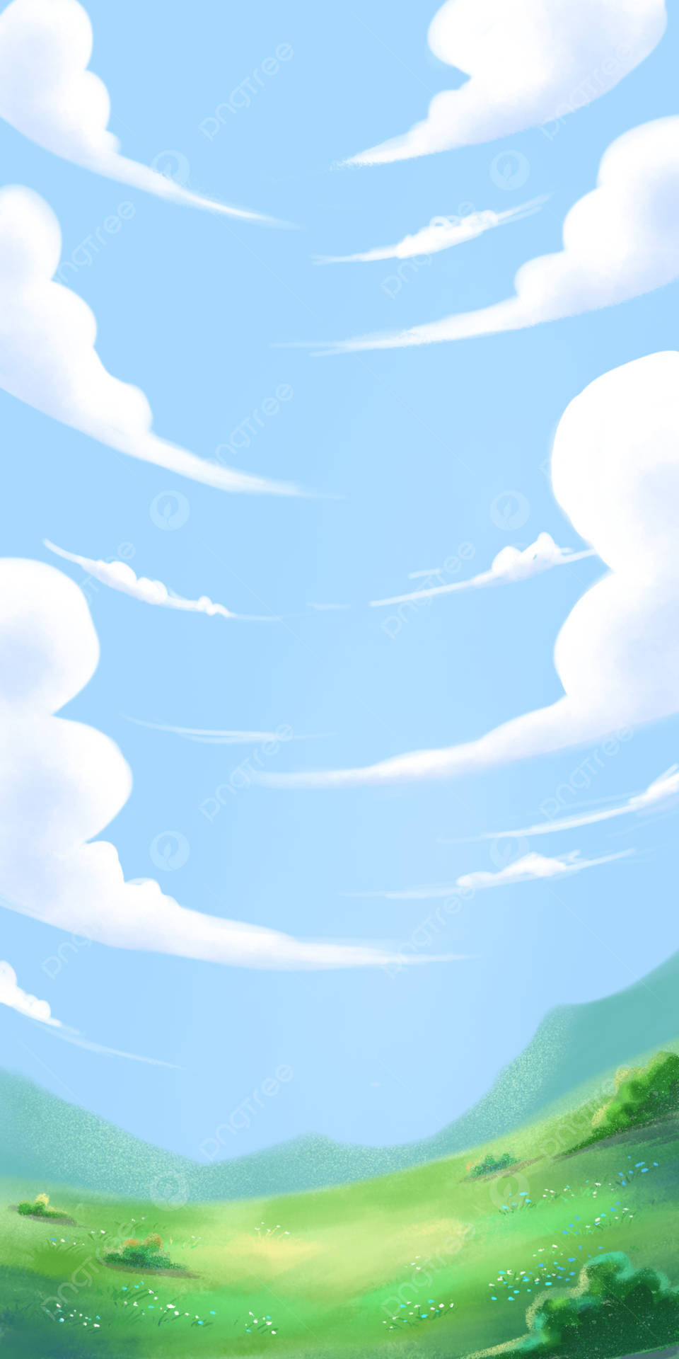 A Cartoon Landscape With Clouds And Grass Wallpaper
