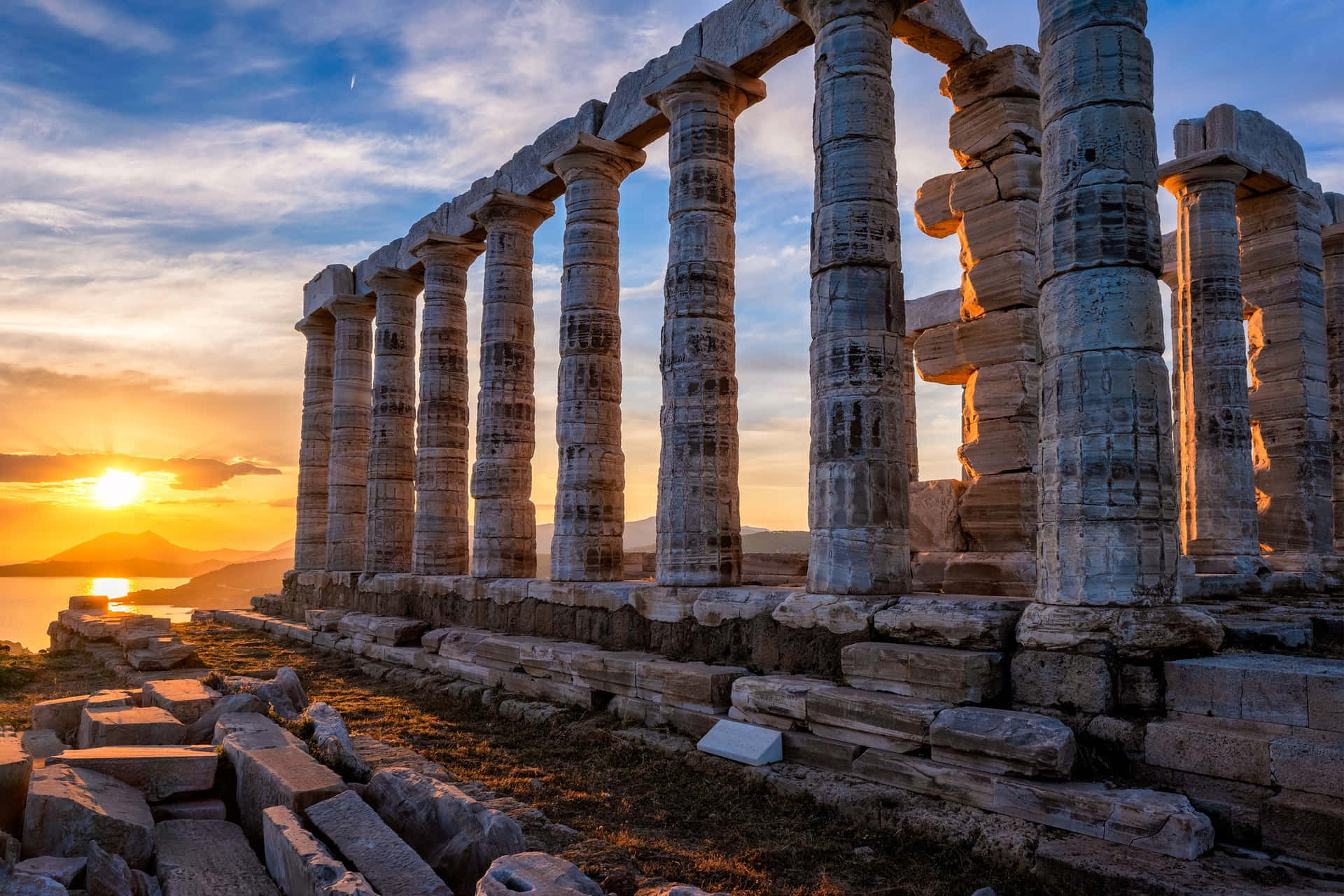 Cloudy Sky And Sunset Sounion Wallpaper