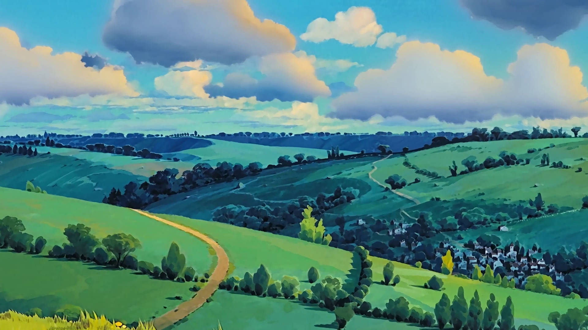 Cloudy Studio Ghibli Scenery Over Fields Wallpaper