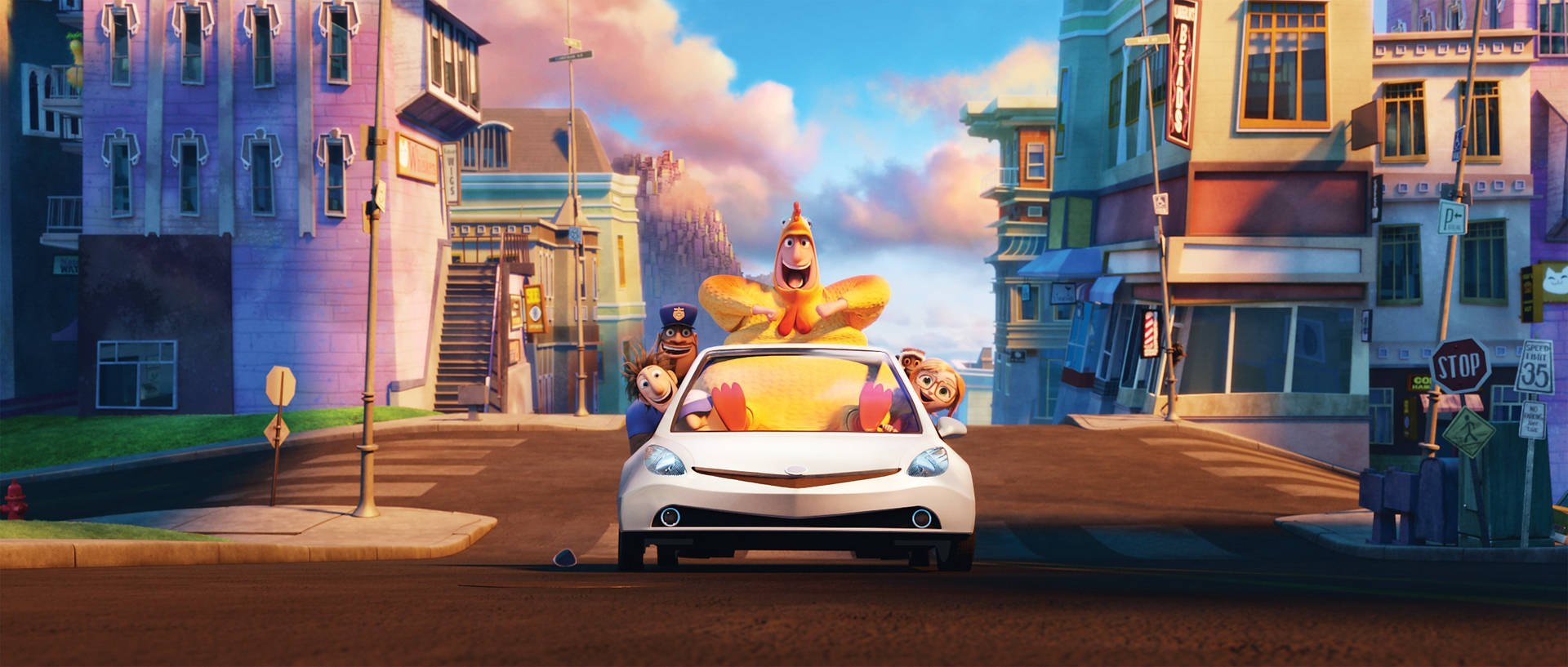 Cloudy With A Chance Of Meatballs 2 Characters Riding A Car Wallpaper