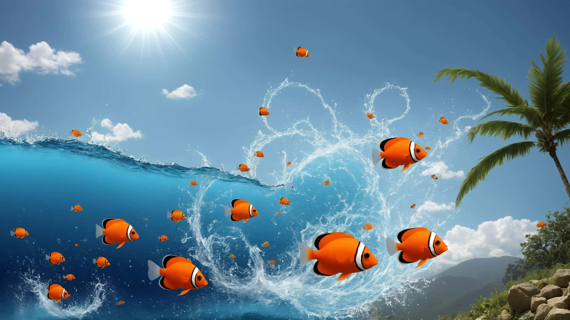 Clownfish Leap Over Water Wallpaper