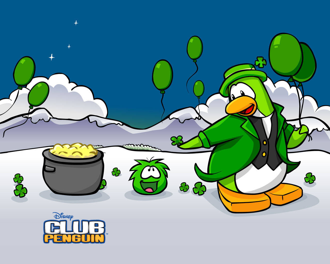 Club Penguin-plakat med grønne balloner Wallpaper