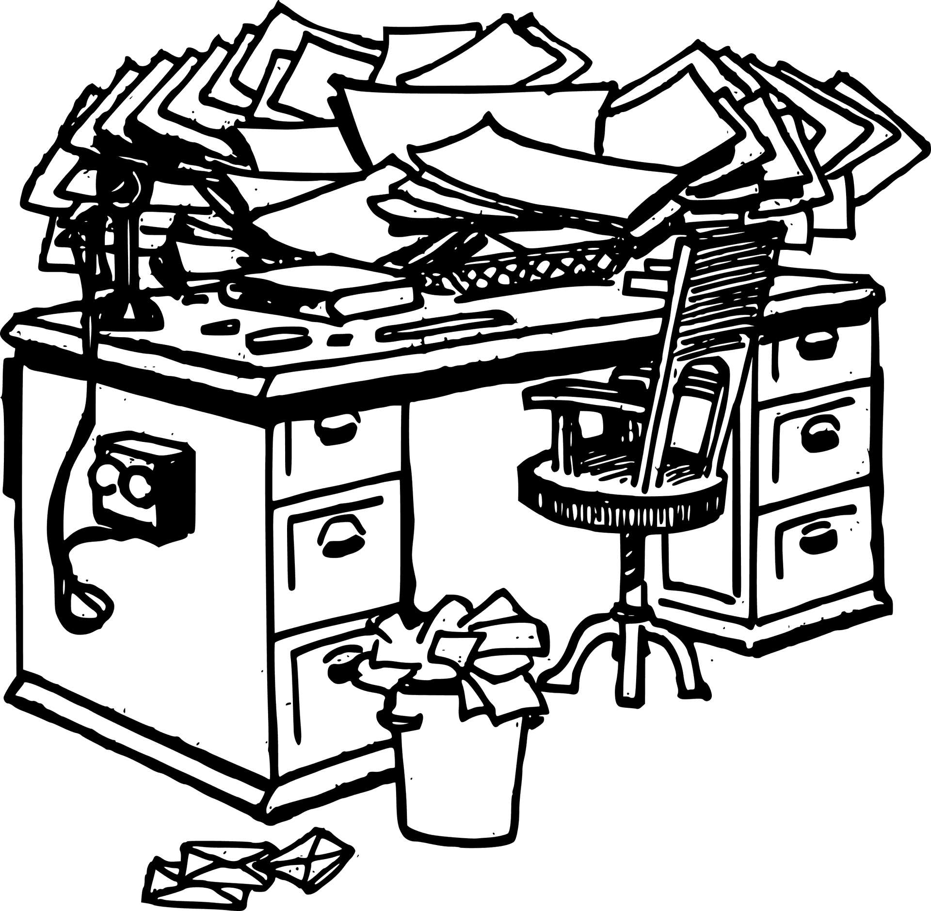 Cluttered Office Desk Sketch.png PNG