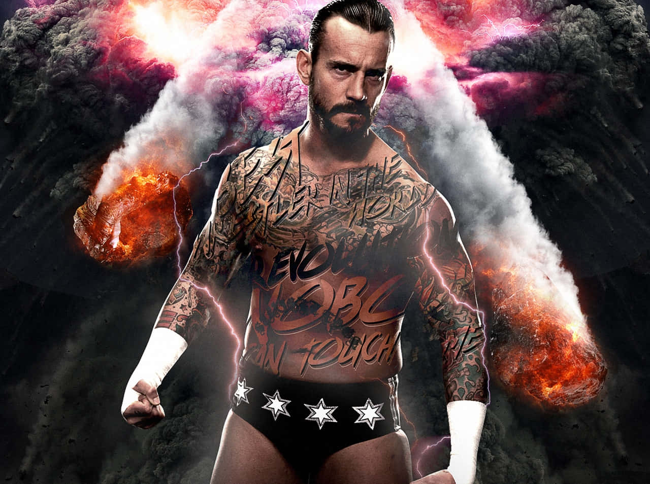 Wwe Wrestler With Tattoos In Front Of A Fireball Wallpaper
