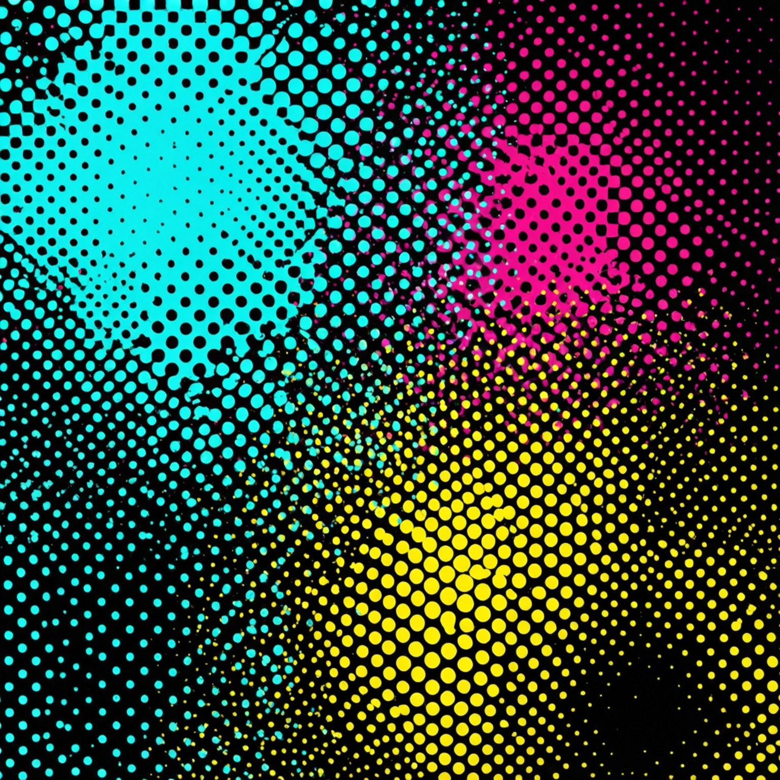 Abstrakt halftone-mønster med cyan, magenta og gule prikker på sort baggrund