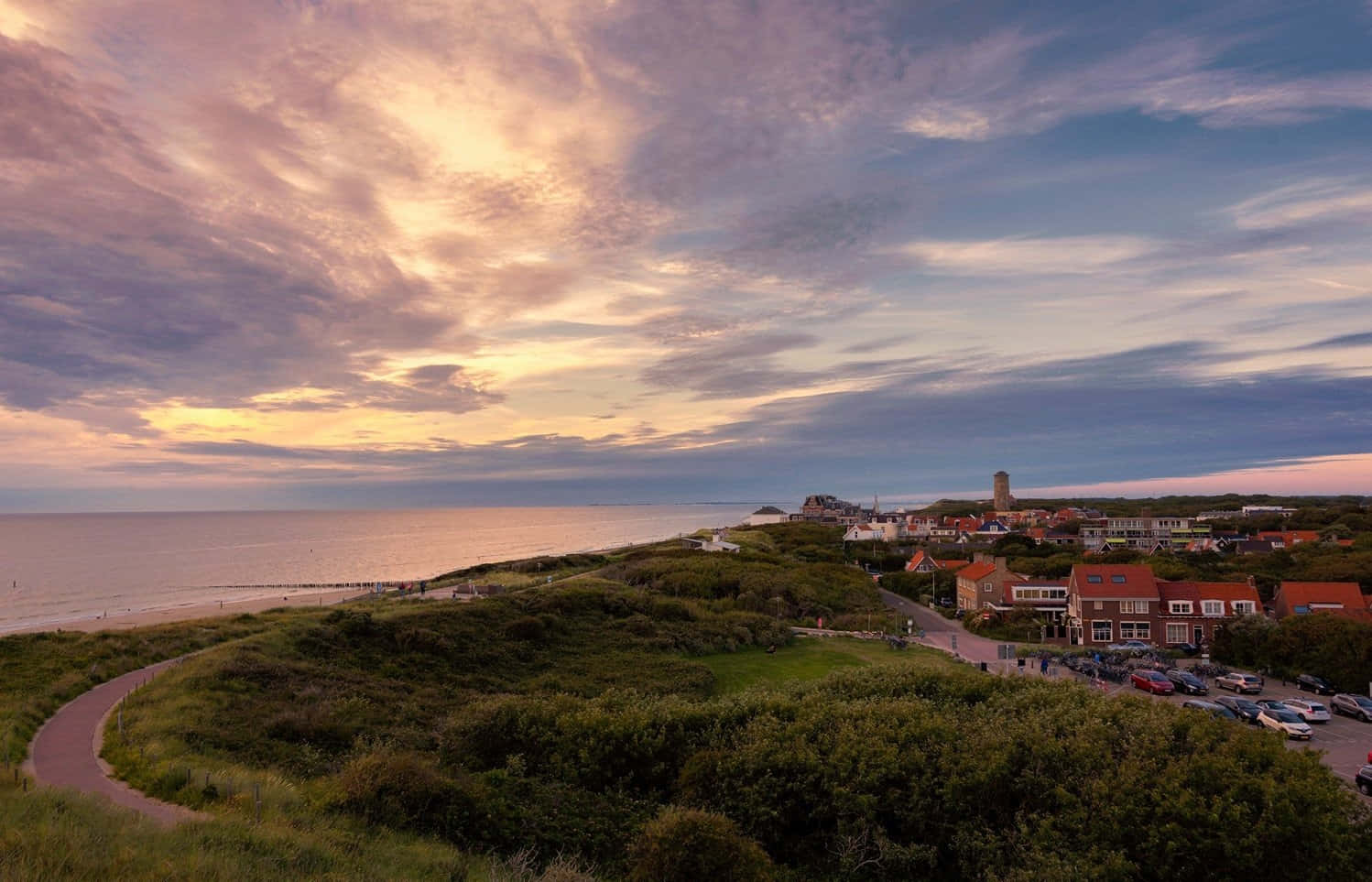 Coastal Town Sunset Landscape Wallpaper