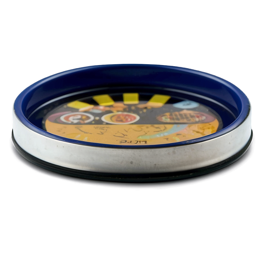 Plato circular de cerámica con borde azul y base plateada con diseño abstracto colorido