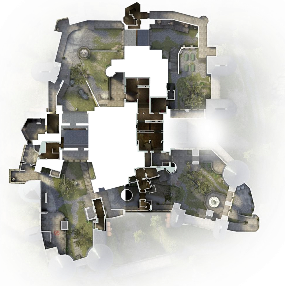 Cobblestone Map Overview PNG — Top-down view of a detailed medieval castle map with pathways towers and courtyard surrounded by greenery.