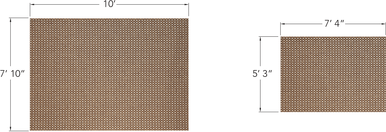 Cobblestone Pattern Area Comparison PNG — Two beige textured rectangular mats with dimensions labeled against a black background.