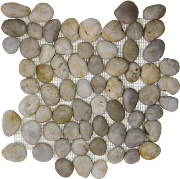 Cobblestone Pattern Texture PNG — A mosaic of smooth rounded stones in beige gray and cream tones arranged on a white grid background.