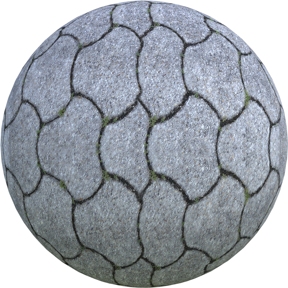 Cobblestone Texture Spherical Pattern PNG — A spherical globe made of gray cobblestones with cracks and green moss growing between them against a black background.