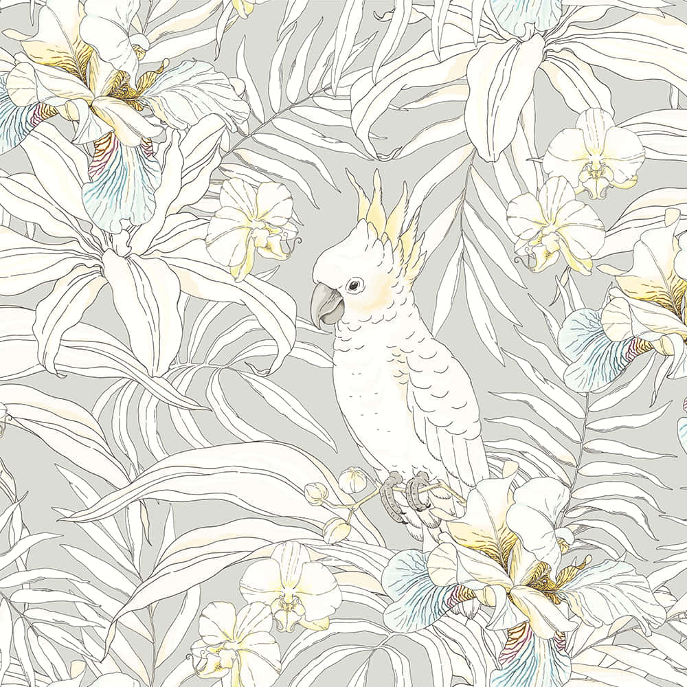 Cockatoo Among Floral Pattern Wallpaper