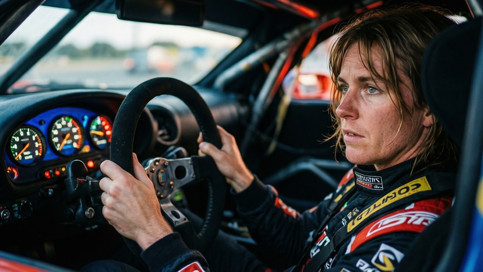 Utsikt fra Hailie Deegans racerbilcockpit, fokusert på kjøring