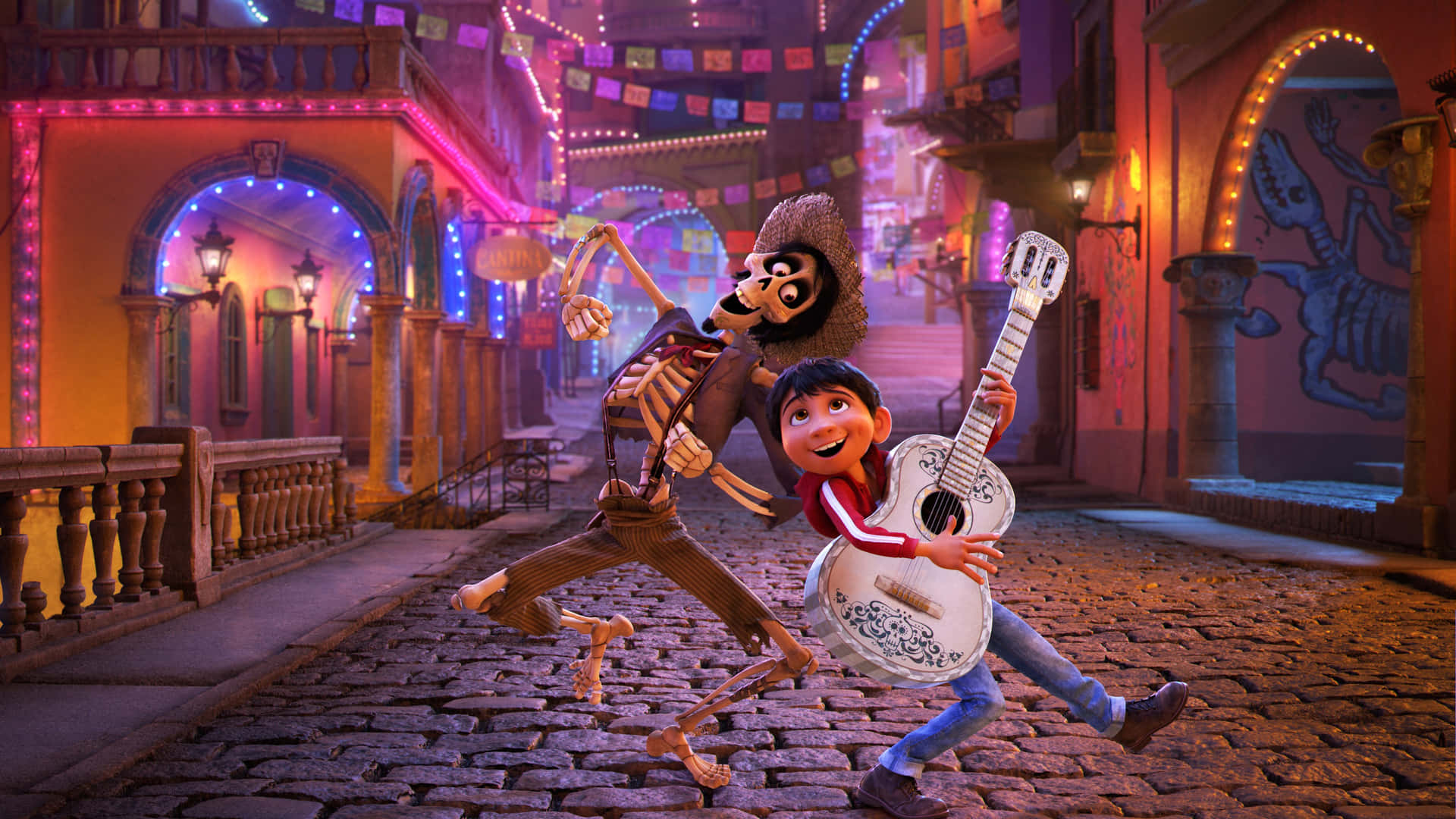 Miguelfrån Coco Disney Visar Upp Sina Gitarrfärdigheter På Sin Dator- Eller Mobilbakgrund. Wallpaper