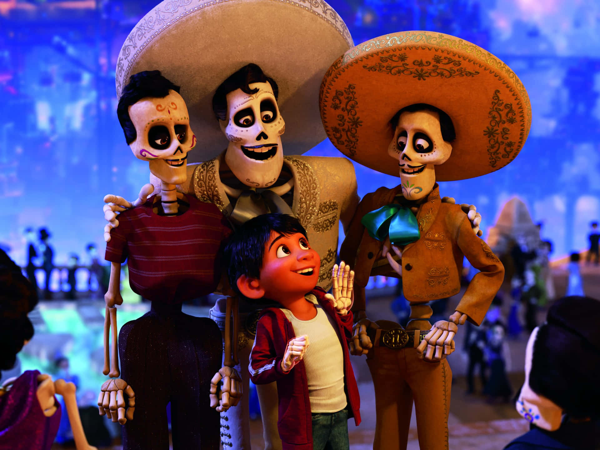 Bask in the vibrant colors of the Land of the Dead with Miguel and his musical friends in the hit movie Coca Disney! Wallpaper