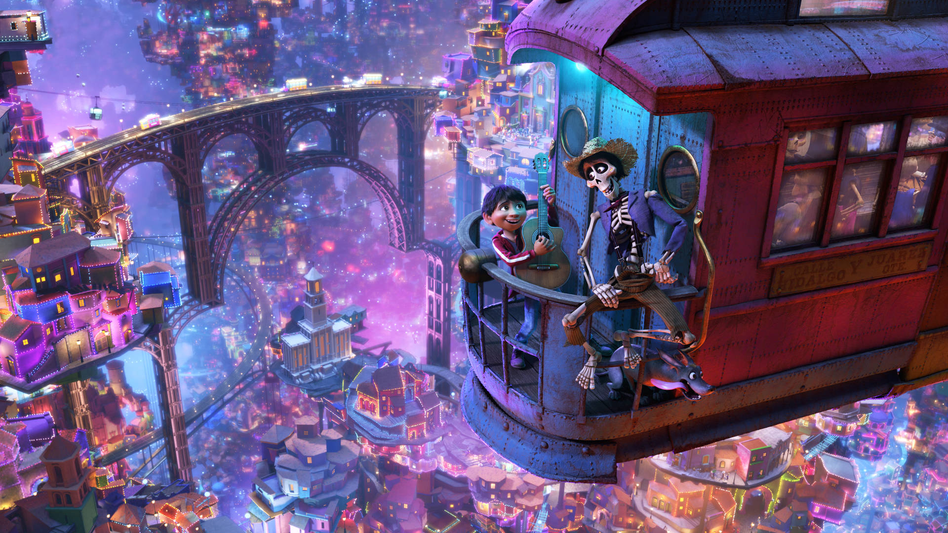 Miguel and Hector's Fun Journey on a Train in Coco Wallpaper