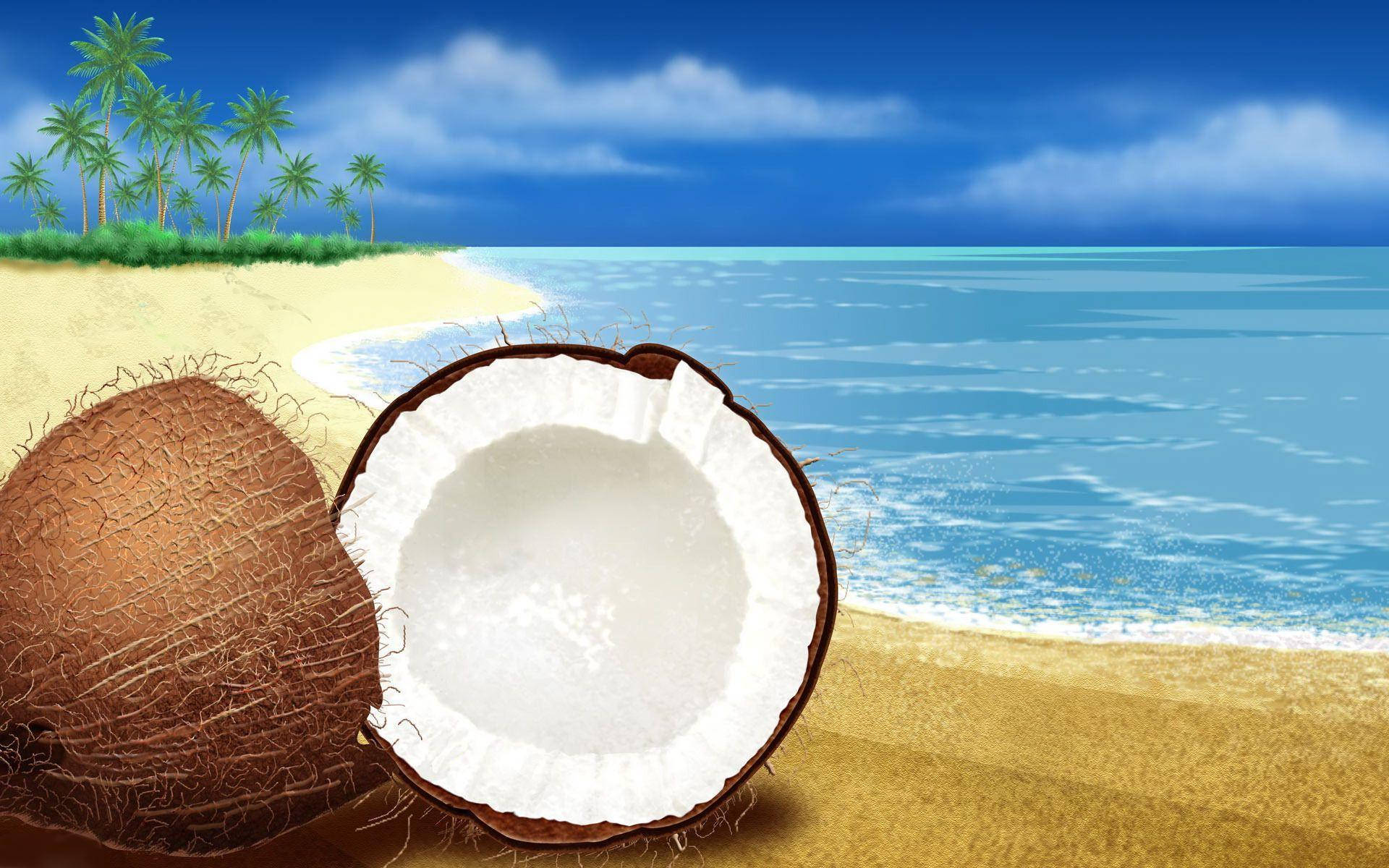 Coconut Fruit On A Beach Painting Wallpaper
