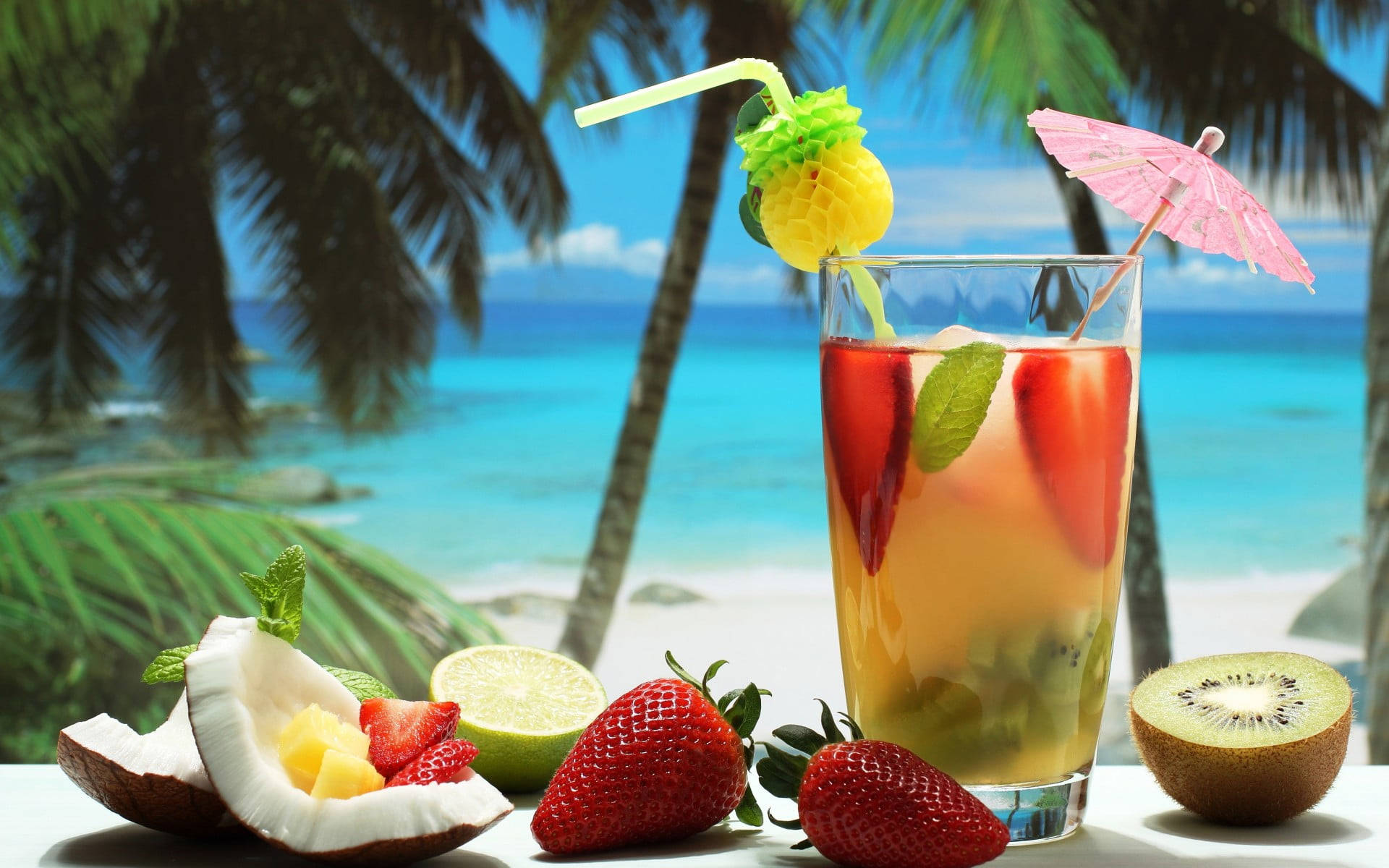 Coconut Strawberry Kiwi Tropical Drink Wallpaper
