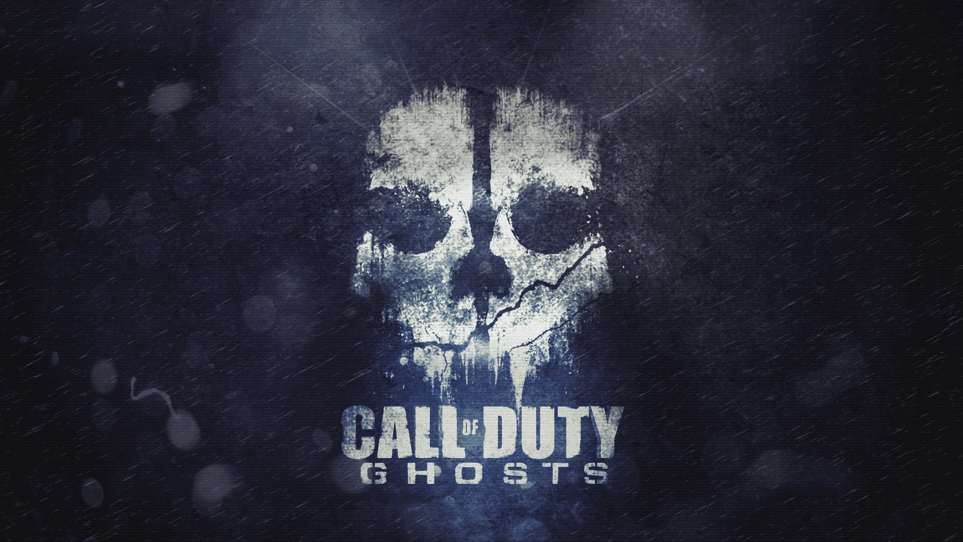Experience the thrill of Call of Duty Background — A weathered skull logo for Call of Duty Ghosts glows against a dark rainy backdrop with bokeh lights.